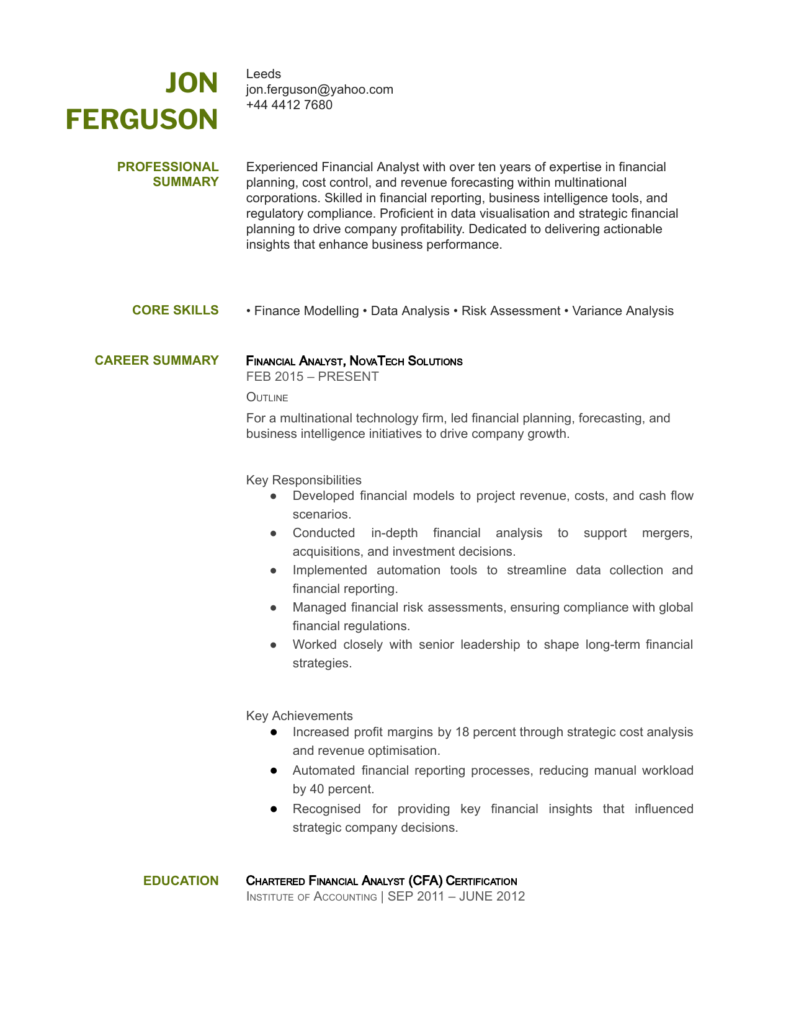 Finance blank CV template