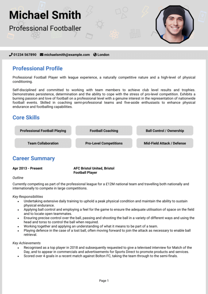Footballer CV example
