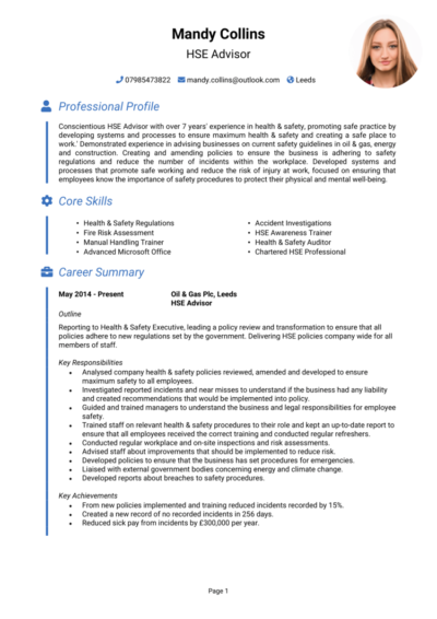 HSE advisor CV example