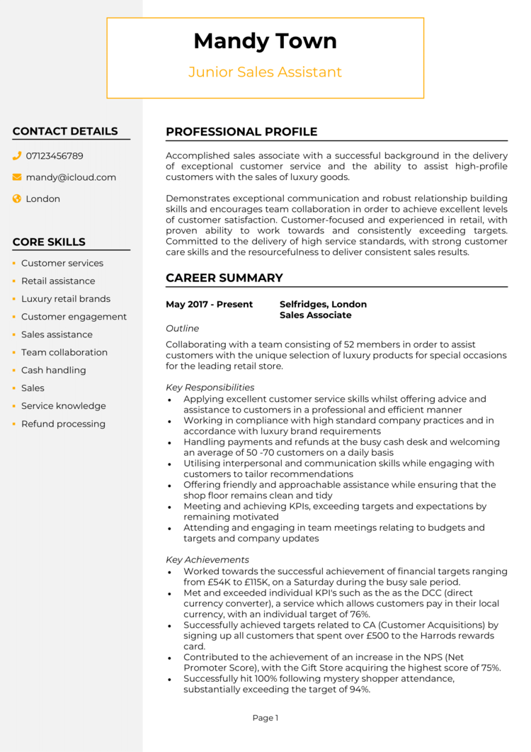 Junior Sales Assistant CV-1 Junior Sales Assistant CV