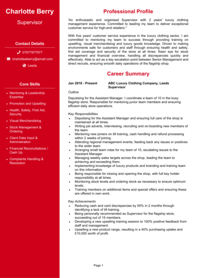 Supervisor CV example