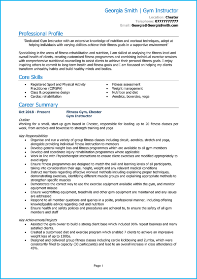 Gym Instructor CV example (Fitness Instructor)