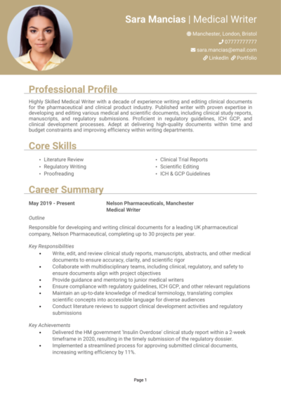 Medical Writer CV example