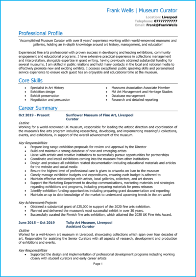 Museum Curator CV example