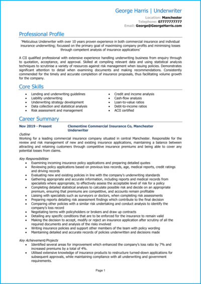 Underwriter CV example