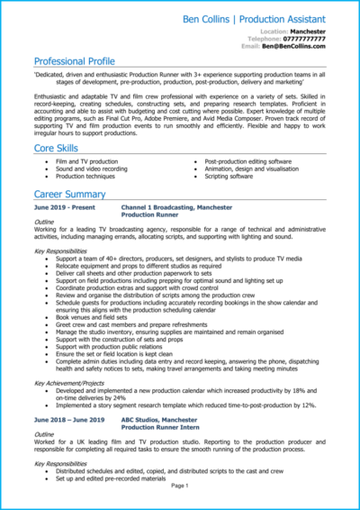 Production Assistant CV example