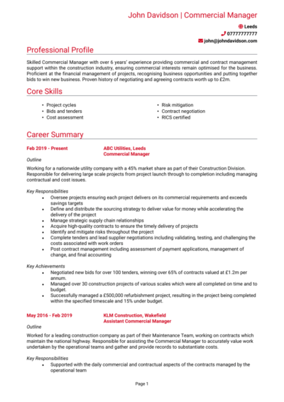 Commercial Manager CV example