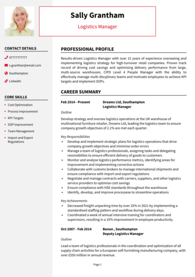 Logistics Manager CV example