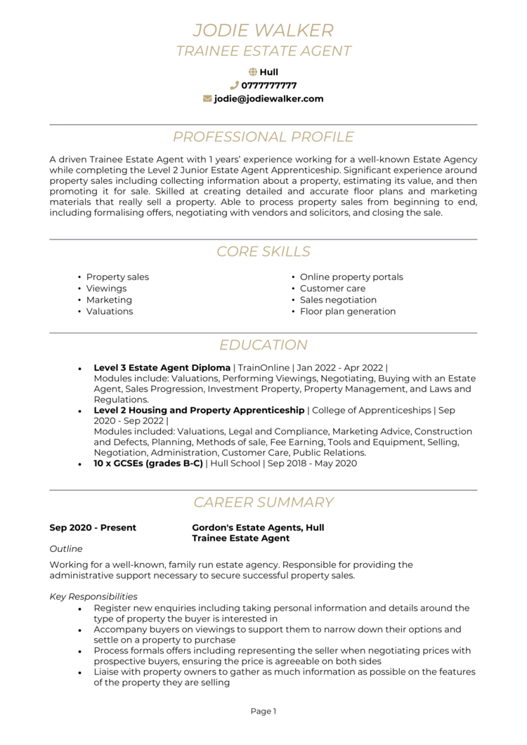 Trainee Estate Agent CV