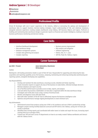 BI Developer CV example (Business Intelligence)