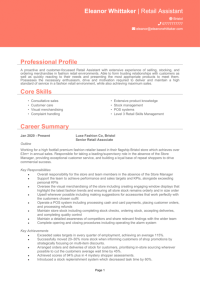Clothes Shop Assistant CV example
