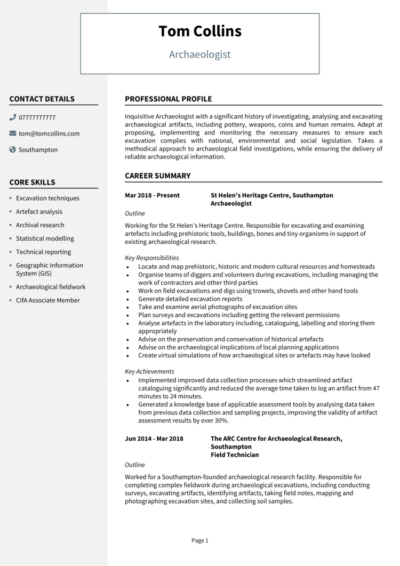 Archaeologist CV example