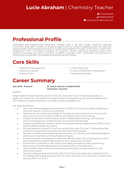 Chemistry Teacher CV example