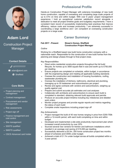 Construction Project Manager CV examples