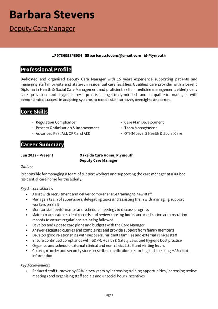 Deputy Care Manager CV 1