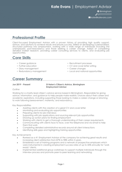 Employment Advisor CV example