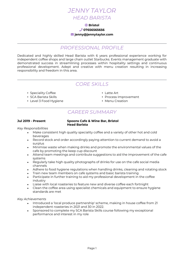 Head Barista CV