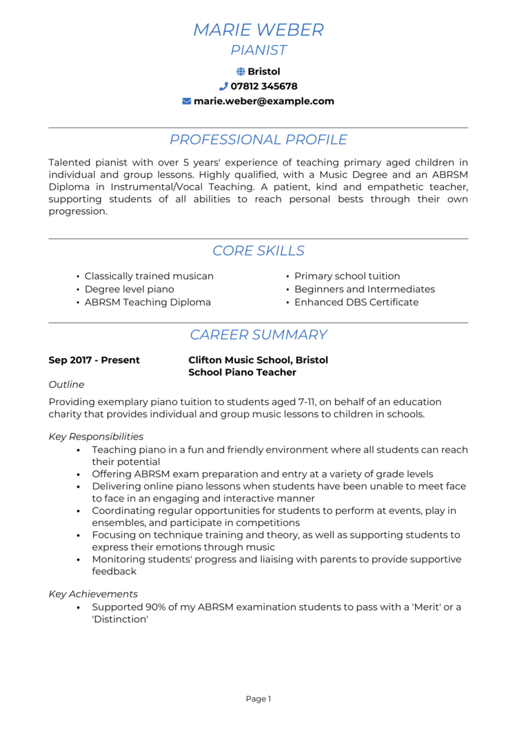 Piano Teacher CV