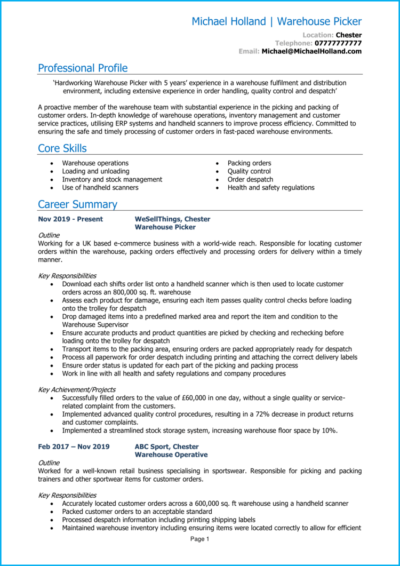 Picker Packer CV example