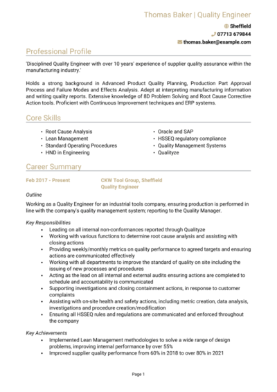 Quality Engineer CV example