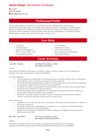 ServiceNow Developer CV example