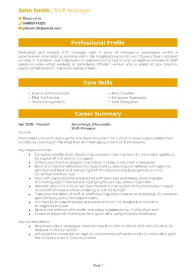Shift Manager CV example
