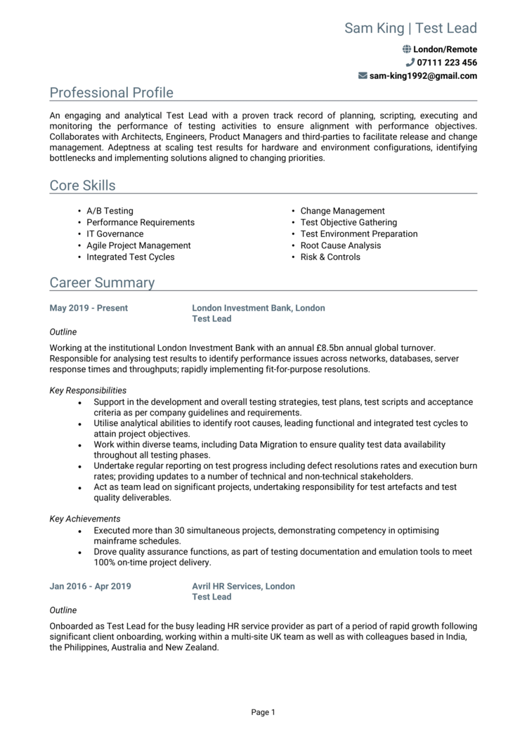 Test Lead CV