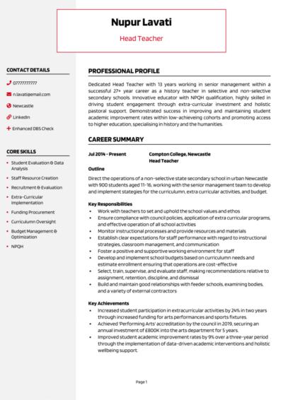 Headteacher CV example