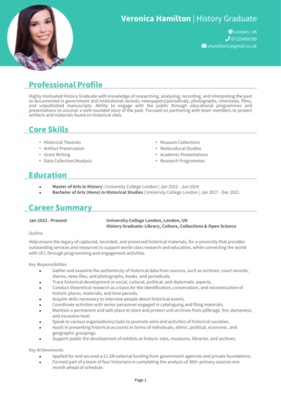 History Graduate CV example