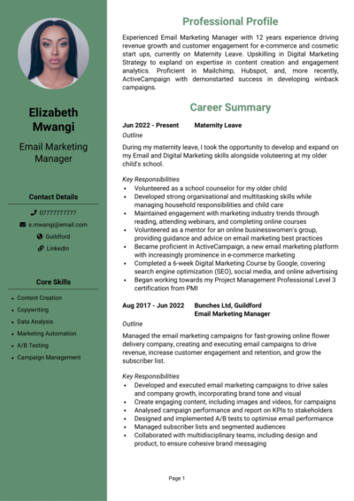 Maternity Leave CV example