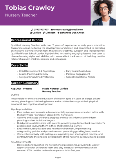 Nursery Teacher CV example