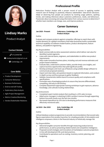 Product Analyst CV example