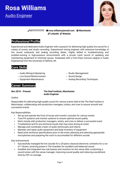 Audio Engineer CV example