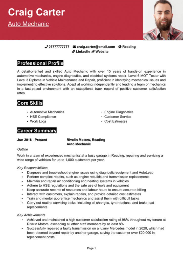 Mechanic CV example