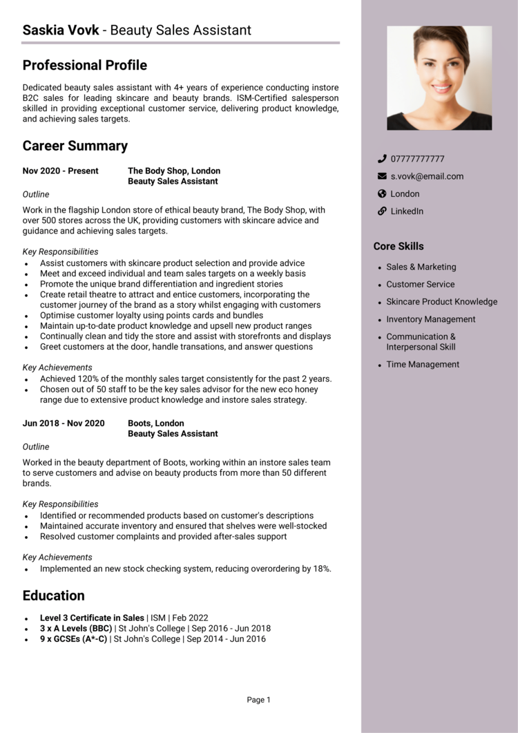 Beauty Sales Assistant CV Beauty Sales Assistant CV