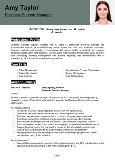 Business Support Manager CV example