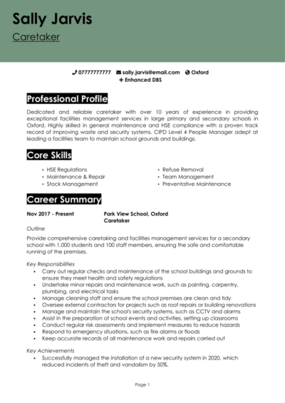 Caretaker CV example