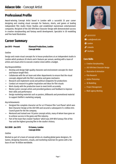 Concept Artist CV example