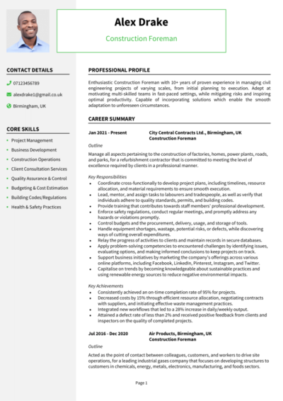 Construction Foreman CV example