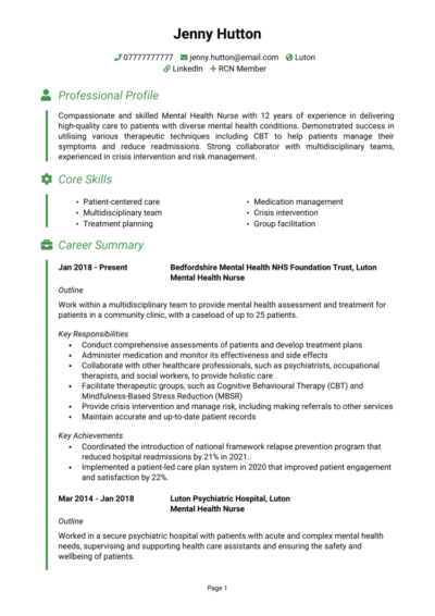 Mental Health Nurse CV example