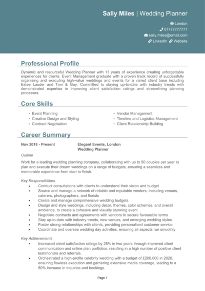 Wedding Planner CV example