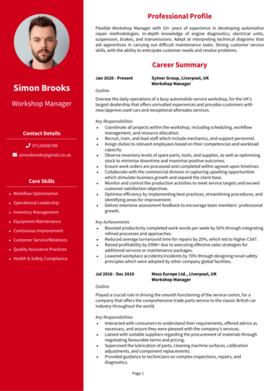 Workshop Manager CV examples