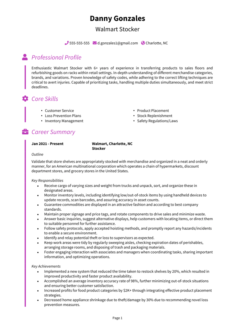 Walmart Stocker Resume 1