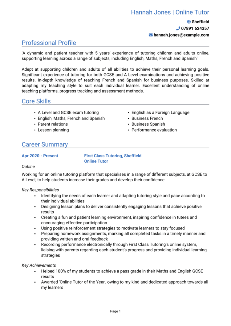 Online Tutor CV