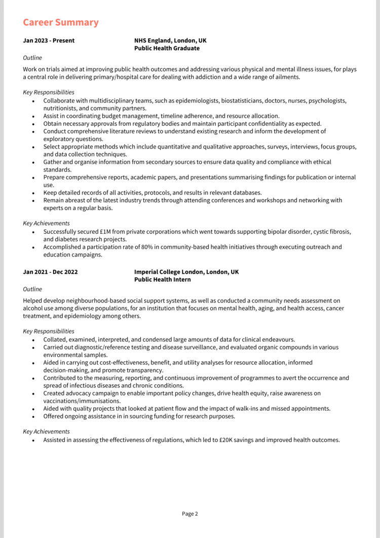 Public Health Graduate CV 2