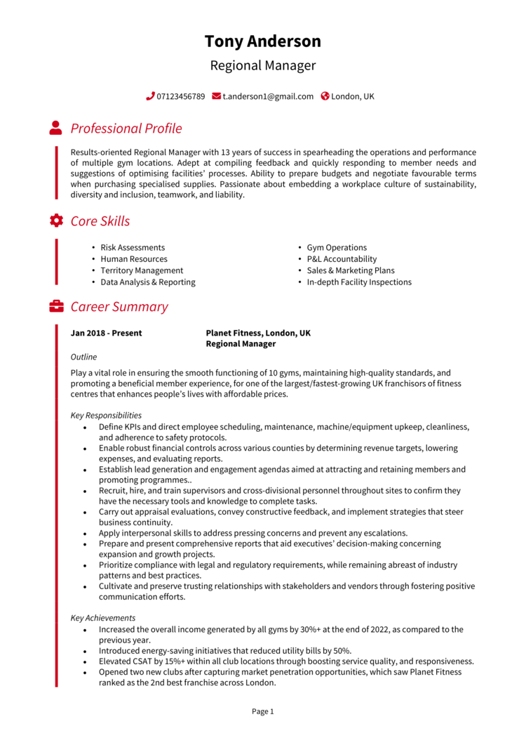 Regional Manager CV-1 Regional Manager CV