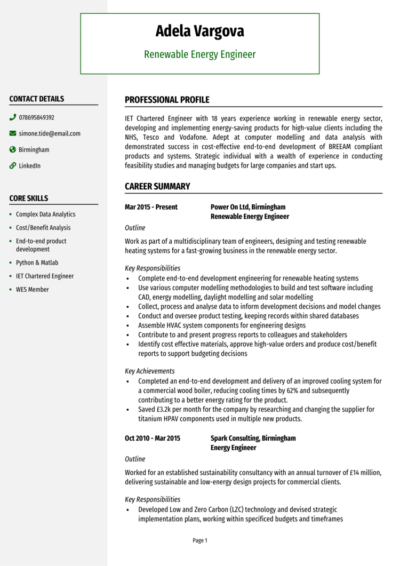 Renewable Energy Engineer CV example