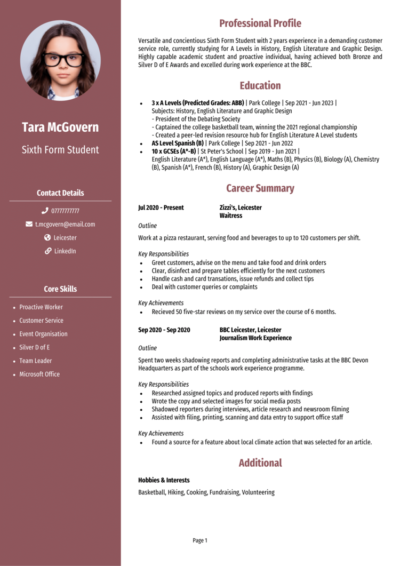 Sixth Form Student CV example