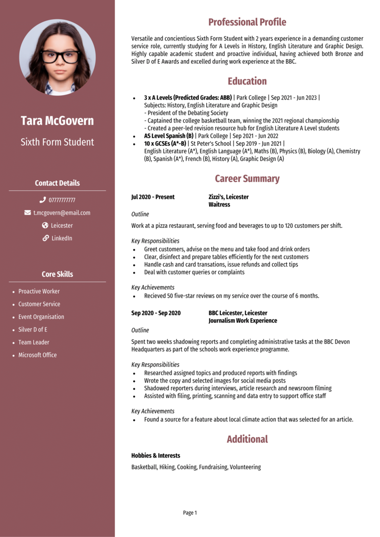 Sixth Form Student CV 1