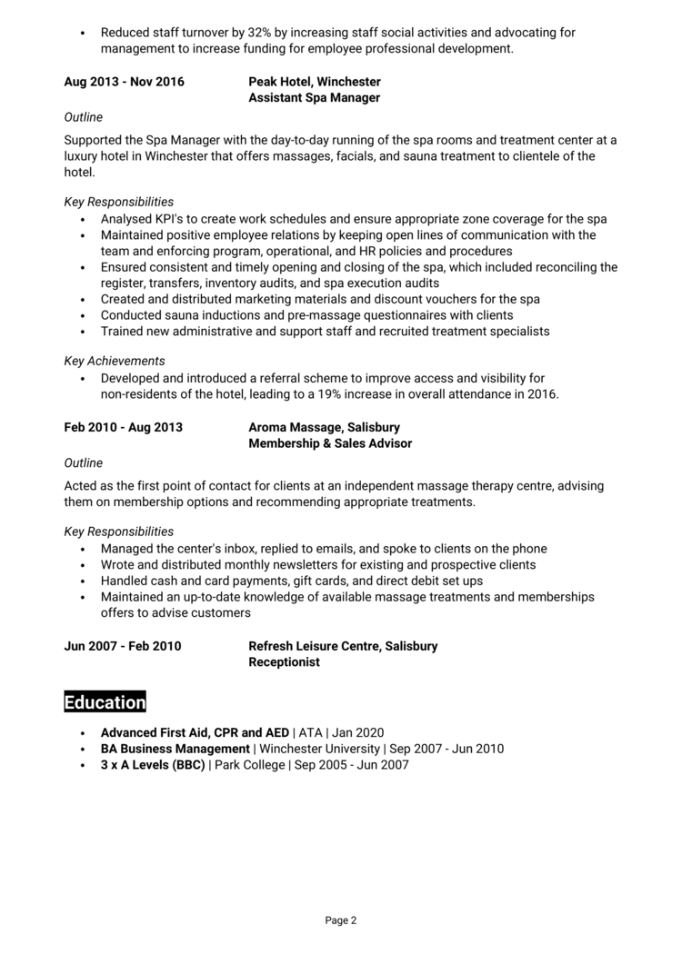 Spa Manager CV 2